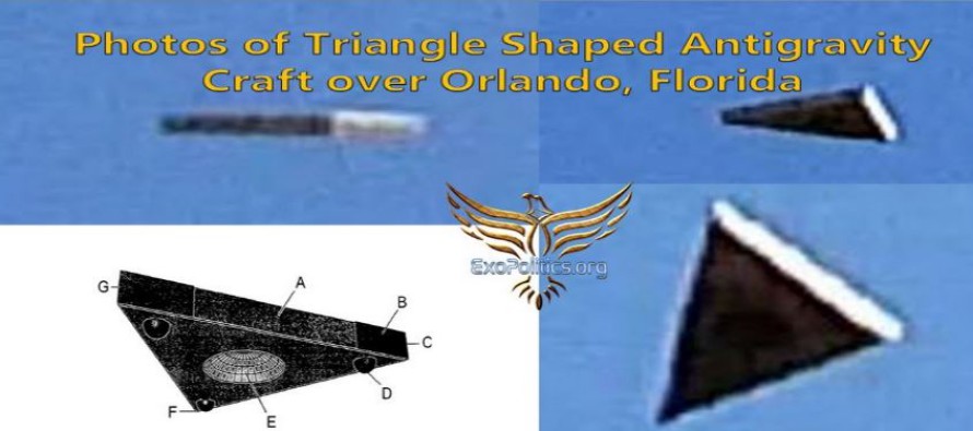 Fotografie antigravitačního letounu ve tvaru trojúhelníku nad Orlandem na Floridě